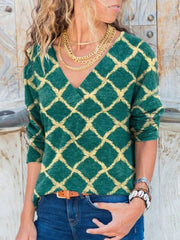 Geometric Casual Floral-Print V Neck Shirts