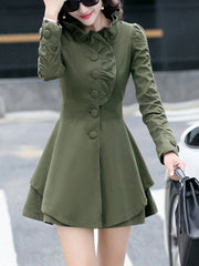 High Neck Ruffle Trim Plain Coat