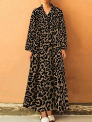 Long sleeve leopard-printed lapel loose long maxxi dresses