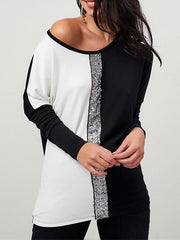 Two-color Long Sleeve Sequins Casual T-shirts
