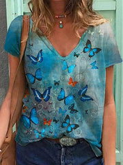 Stylish top women v neck butterfly printed short sleeve T-shirts