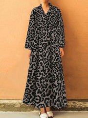 Long sleeve leopard-printed lapel loose long maxxi dresses