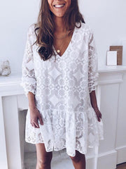 Lace V Neck Printed White Fashion Shift Dresses