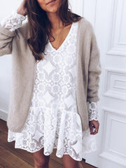 Lace V Neck Printed White Fashion Shift Dresses