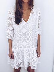 Lace V Neck Printed White Fashion Shift Dresses
