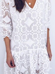 Lace V Neck Printed White Fashion Shift Dresses
