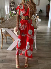 Floral Printed V-neck Short Sleeved Vacation Dresses