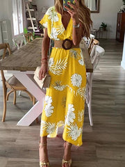 Floral Printed V-neck Short Sleeved Vacation Dresses