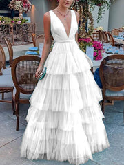 Summer v-neck sleeveless fashionable flounces maxi dresses