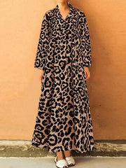 Long sleeve leopard-printed lapel loose long maxxi dresses
