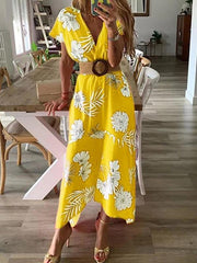Floral Printed V-neck Short Sleeved Vacation Dresses