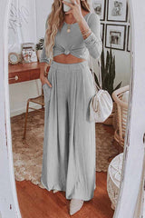 Two-Piece Round Neck Solid Color Long Sleeves Wide Legs