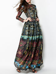 Long Sleeve Round Neck Black Printed Chiffon Maxi Long Dress Evening Dress