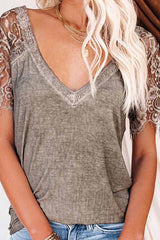 Florcoo New Women's Lace Short Sleeve V-Neck Tops T-shirts