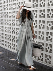 Gray Plunge Drawstring Waist Thigh Split Chic Women Maxi Dress
