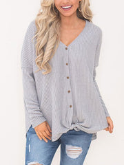 V Neck Button Tie Autumn Long Sleeve Sweater