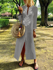 Four Colors Cotton Linen Long Sleeve Solid Loose V Neck Boho Long Dress Casual Dress Maxi Dress For Woman