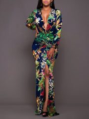 Green V Neck Print Flory Sexy Woman Maxi Vacation Dresses