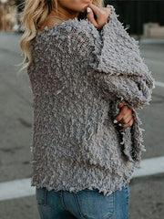Three Colors Gray Woman Plain Knitting Round Neck Sweater