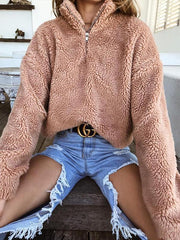 Suede Long Sleeve Half Front Zip Neckline Fashion Sweatshirts