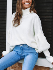 Four Color High Collar Lantern Sleeve Sweater