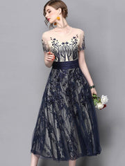 Tulle Embroidery O-Neck Short Sleeves Maxi Dresses