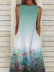 Green A-Line Casual Linen Floral-Print Dresses