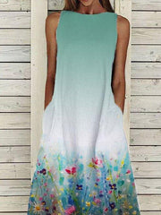 Green A-Line Casual Linen Floral-Print Dresses