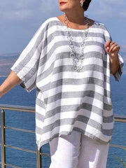 Gray Crew Neck Linen Short Sleeve Striped Shirts & Tops