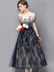 Tulle Embroidery O-Neck Short Sleeves Maxi Dresses