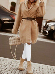 Khaki Shawl Collar Plain Shift Long Sleeve Outerwear