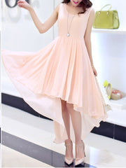 High-Low Round Neck Bowknot Plain Chiffon Maxi Dress