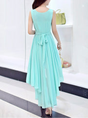 High-Low Round Neck Bowknot Plain Chiffon Maxi Dress
