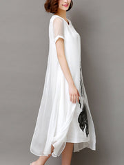 Summer Asymmetric Hem Hollow Out Printed Shift Dress