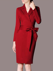 Lapel Bowknot Plain Pocket Bodycon Dress