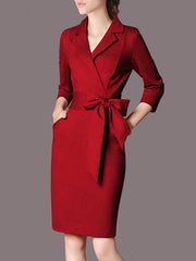 Lapel Bowknot Plain Pocket Bodycon Dress
