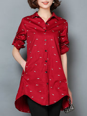 Longline Pocket Tiny Fish Printed Roll-Up Sleeve Blouse