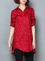 Longline Pocket Tiny Fish Printed Roll-Up Sleeve Blouse