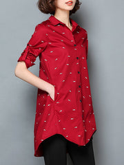 Longline Pocket Tiny Fish Printed Roll-Up Sleeve Blouse