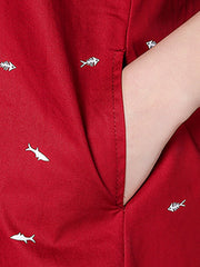 Longline Pocket Tiny Fish Printed Roll-Up Sleeve Blouse