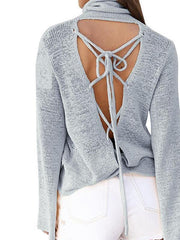 High Neck Cross Straps Back Hole Plain Batwing Sleeve Sweaters