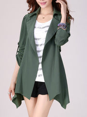 Lapel Asymmetric Hem Plain Roll-Up Sleeve Trench Coat