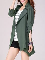 Lapel Asymmetric Hem Plain Roll-Up Sleeve Trench Coat