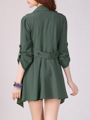 Lapel Asymmetric Hem Plain Roll-Up Sleeve Trench Coat