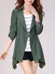 Lapel Asymmetric Hem Plain Roll-Up Sleeve Trench Coat