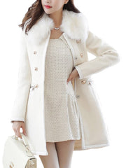 Faux Fur Collar Decorative Button Plain Woolen Coat