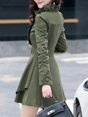 High Neck Ruffle Trim Plain Coat