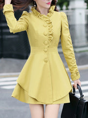 High Neck Ruffle Trim Plain Coat
