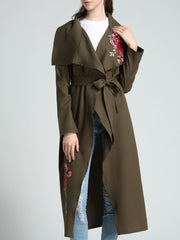 Lapel Belt Embroidery Patch Trench Coat
