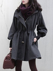 Hooded Drawstring Plain Batwing Sleeve Coat